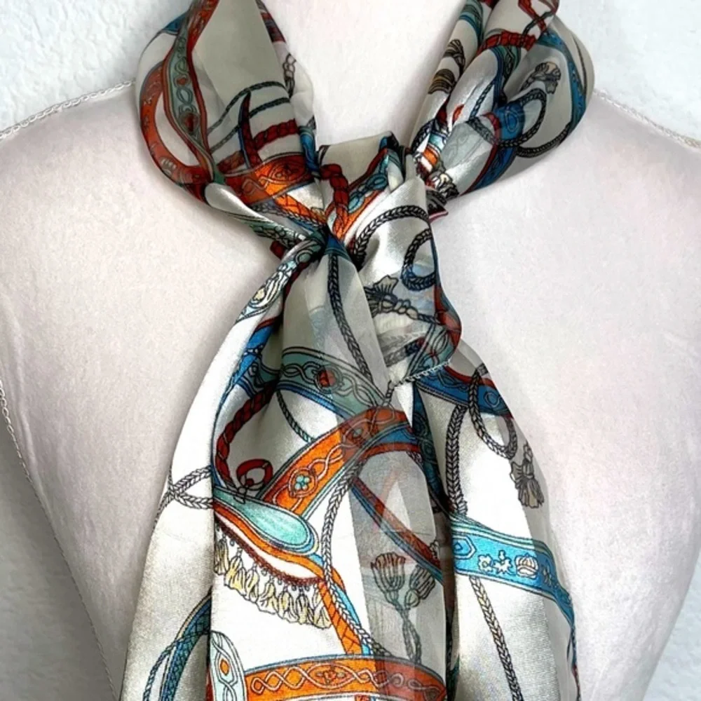 Satin & Sheer Ivory Rust & Blue Printed Scarf Ascot Hair Wrap